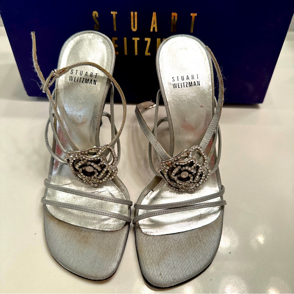 Stuart Weitzman Silver Satin Rose Crystal Sandals size 6
